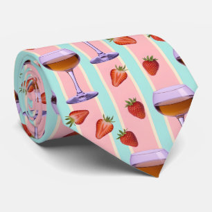 Cravate Motif Pastel avec Verres à Vin et Fraises des Bois