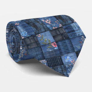Cravate Motif patchwork floral indigo Denim bohème