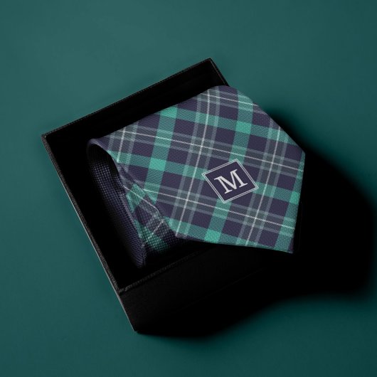 Cravate Motif Plaid bleu et vert Monogramme
