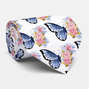Cravate Motif Rose papillon bleu rose or
