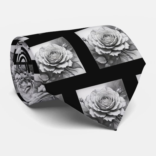 Cravate Motif Roses noir et blanc (Roulé)