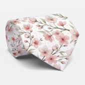Cravate Motif Sakura en fleurs de cerises roses sur blanc  (Roulé)