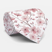 Cravate Motif Sakura en fleurs de cerises roses sur blanc  (Roulé)