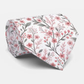 Cravate Motif Sakura en fleurs de cerises roses sur blanc  (Roulé)
