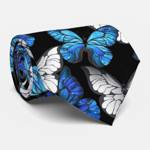 Cravate Motif sans couleur foncée avec papillons bleus Mor