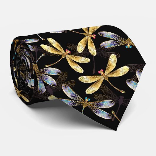 Cravate Motif sans couture avec libellules d'or (Roulé)