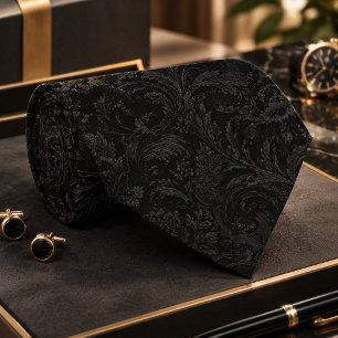 Cravate Motif sans couture en damas noir sur noir de luxe