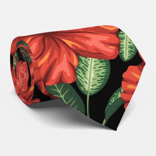 Cravate Motif sans couture Fleurs rouges tropicales feuill (Roulé)