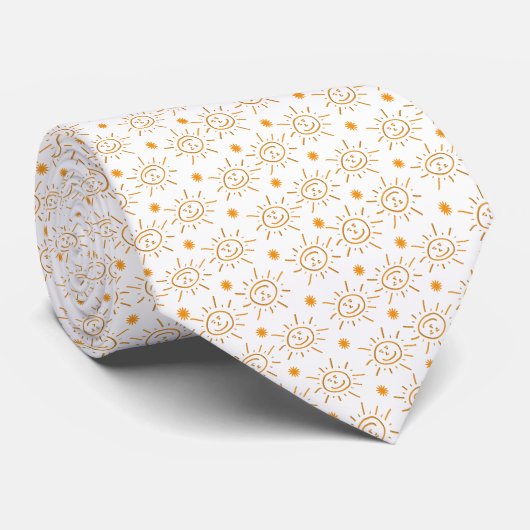 Cravate Motif Soleil Orange À La Main En Blanc (Roulé)