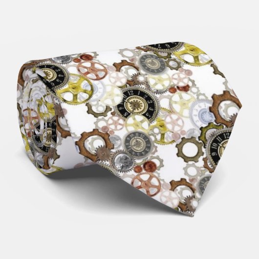 Cravate Motif steampunk unique, faces d'horloge, cogs, rou (Roulé)