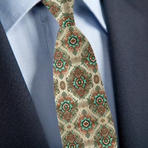 Cravate Motif Traditionnel Formel Crème Cuivre Turquoise