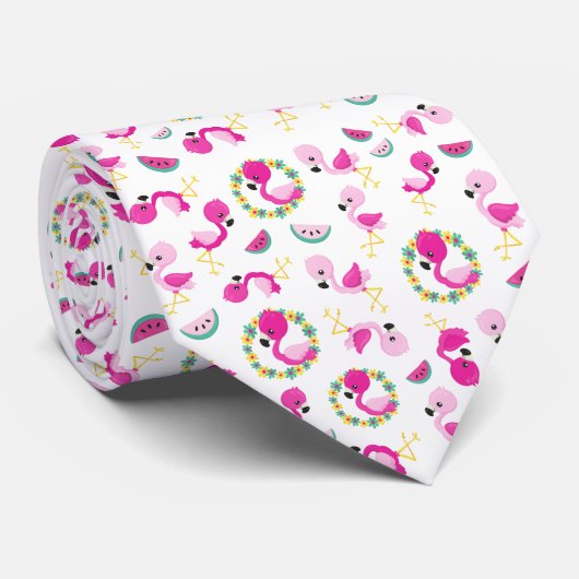 Cravate Motif tropical, Flamants roses, pastèques, Fleurs (Roulé)