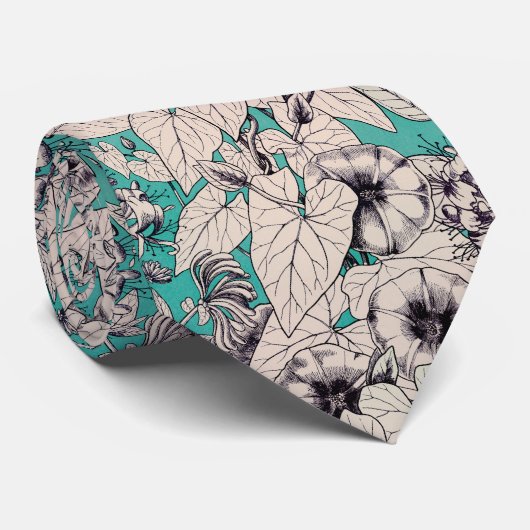 Cravate Motif turquoise de fleurs graphiques blanches (Roulé)