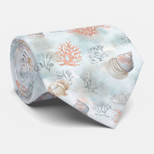 Cravate Motif Vagues Aqua et Coquillages de Récif Corallie
