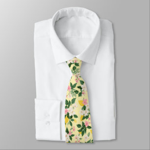 Cravate Motif vintage citron et fleurs sur jaune