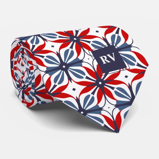 Cravate Motif vintage rouge blanc et bleu (Roulé)