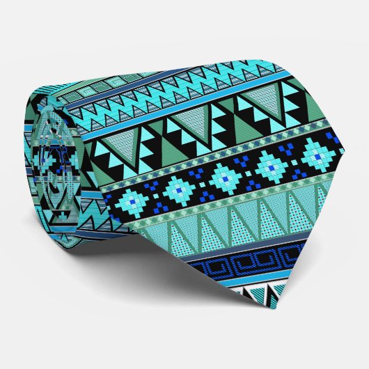 Cravate Motifs aztèques bleus/menthe/cravate vert (Roulé)