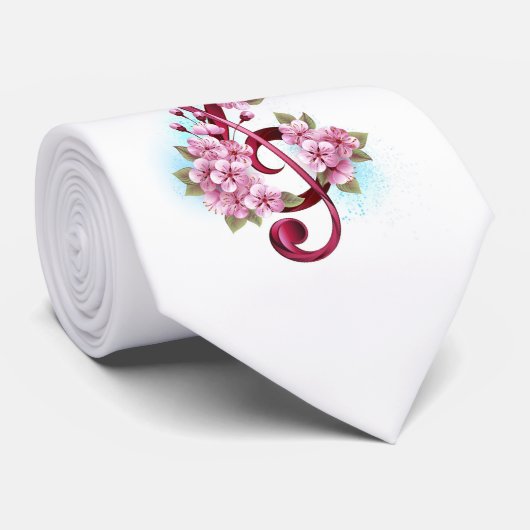 Cravate Musical treble clef notes with sakura flowers (Roulé)