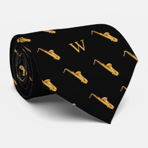 Cravate Musique Jazz Saxophone Aquarelle Noir Monogrammé