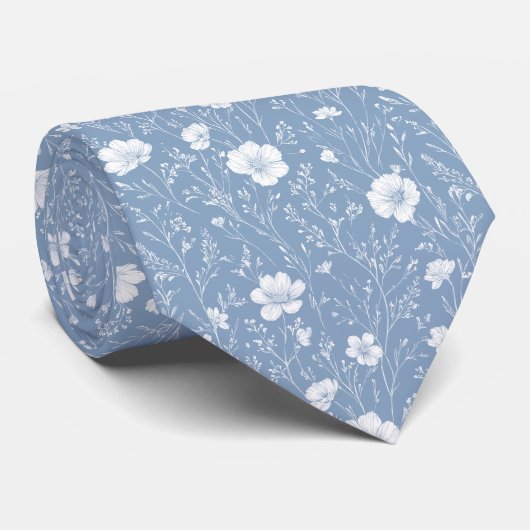 Cravate Muted Blue And White Wildflower Patterned (Roulé)
