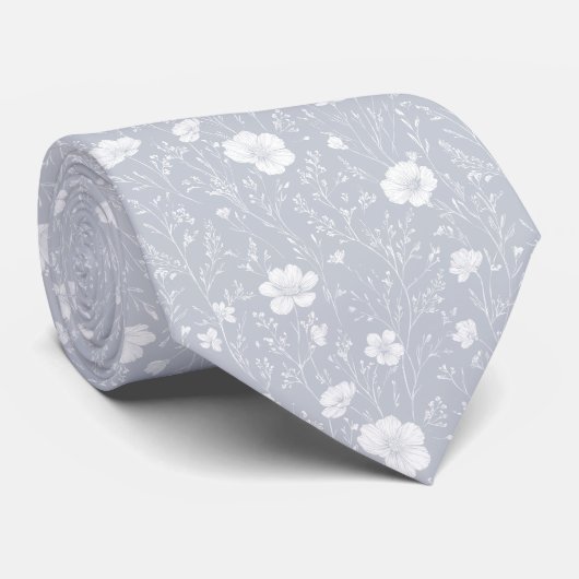 Cravate Muted Gray And White Wildflower Patterned (Roulé)