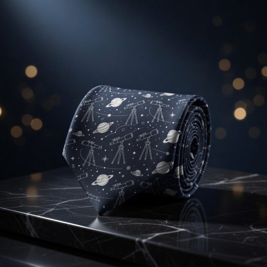 Cravate Navy Astronomy Telescopes Planets Stars Pattern