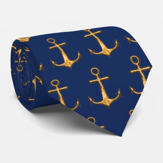 Cravate Navy Blue and Gold Anchors Nautical (Roulé)