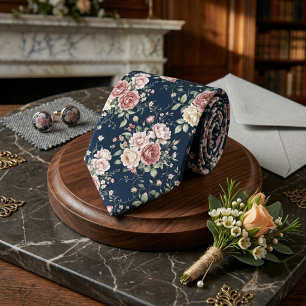 Cravate Navy Blue Dusty Rose Paeonia Floral Garçons d'Honn