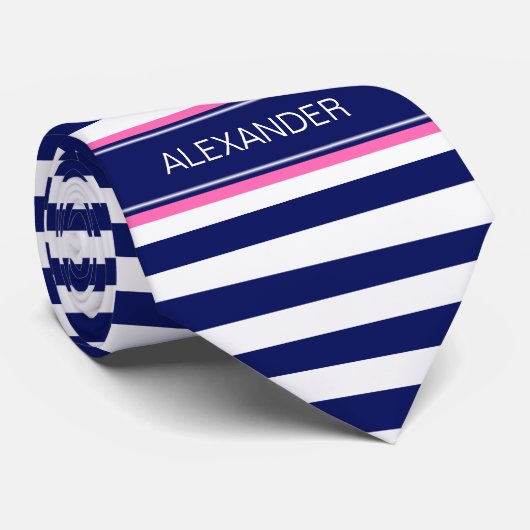 Cravate Navy Blue Wht Horiz Stripe Hot Pink Nom Monogramme (Roulé)