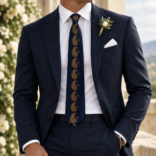 Cravate Navy Or Gold Orné Paisley Accents Bourgogne