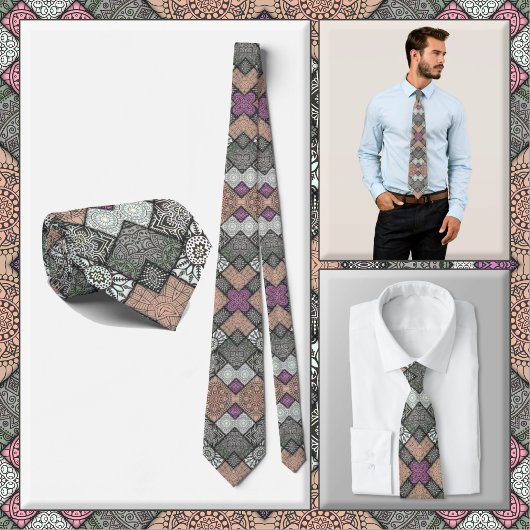 Cravate NECKTIE - Design Mandala gris-Brown-blanc