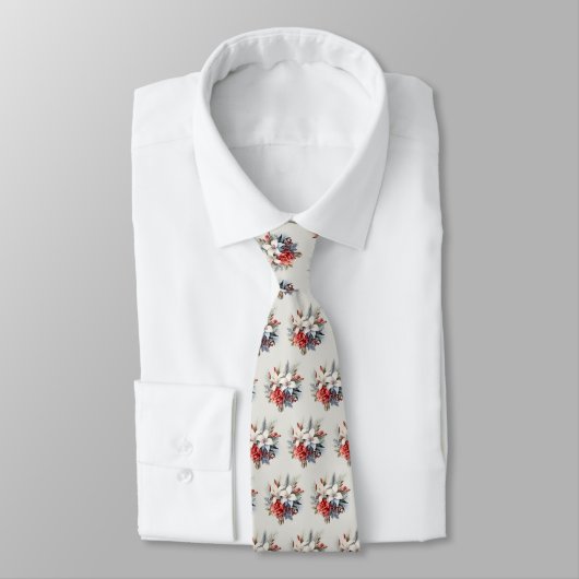 Cravate Noël Blanc Fleurs Rouges Vacances Élégant (Attaché)