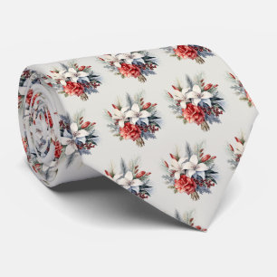 Cravate Noël Blanc Fleurs Rouges Vacances Élégant