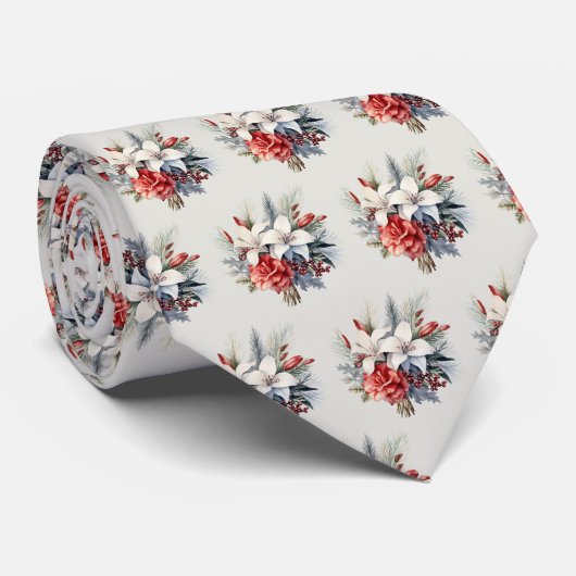 Cravate Noël Blanc Fleurs Rouges Vacances Élégant (Roulé)