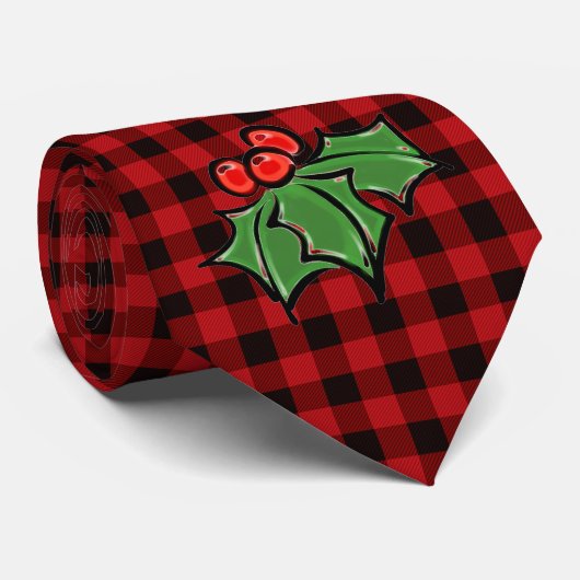 Cravate Noël classique Red Plaid Holly baies feuilles (Roulé)