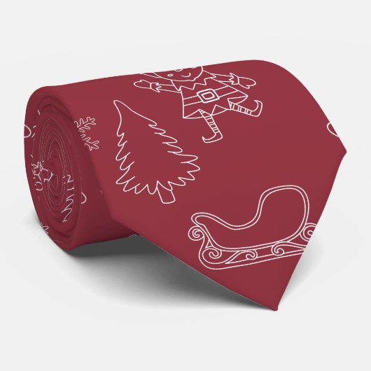 Cravate Noël Doodle Elfes & Snowflakes Dark Red (Roulé)