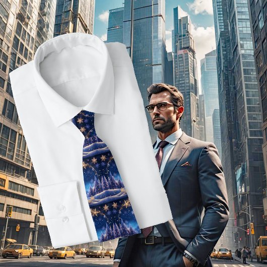 Cravate Noël magique - flocons de neige dorés sur bleu