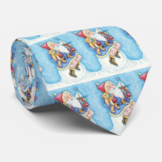 Cravate Noël mignon, le Père Noël sur Snowball avec jouets (Roulé)