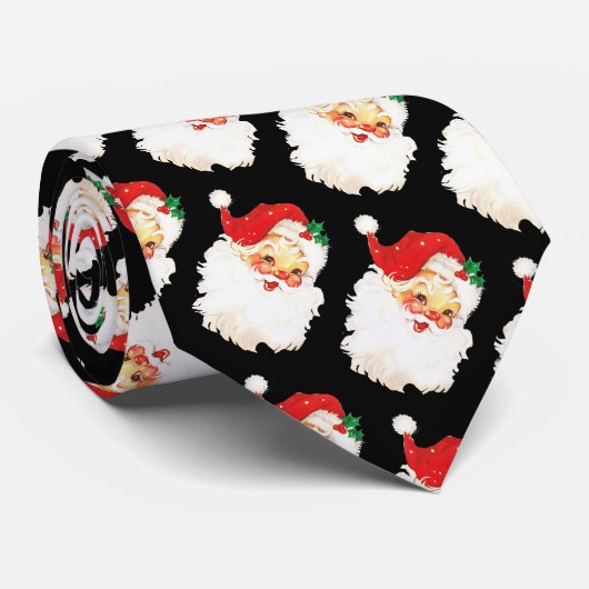 Cravate Noël Père Noël Motif sur Noir (Roulé)