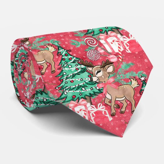 Cravate Noël Red Reindeer et sapin de Noël (Roulé)