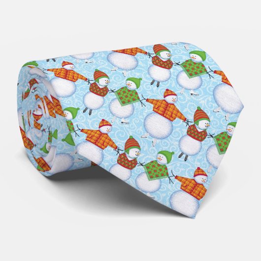 Cravate Noël Snowman Patinage sur Blue Damask (Roulé)