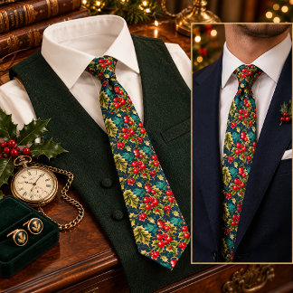 Cravate Noël victorien vintage au houx à baies rouges