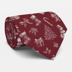 Cravate Noël Vintage Toile Rouge Cramoisi Blanc Fêtes