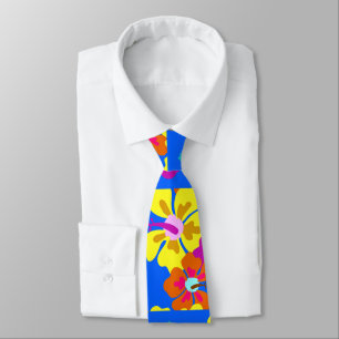 Cravate Nœud de mariage bleu à motif d'Hibiscus gras