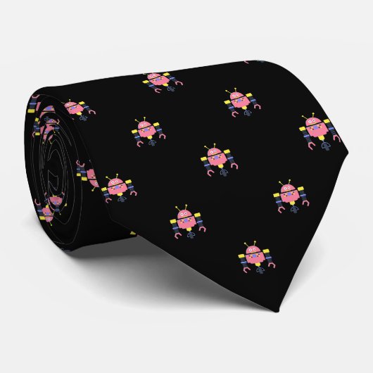 Cravate Noir avec motif de robots roses (Roulé)
