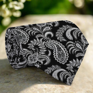 Cravate Noir & Blanc Elegant Damask Motif Floral