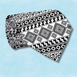 Cravate Noir Blanc Géométrique Tribal Polynésien Monogramm