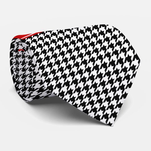 Cravate Noir Blanc Houndstooth Nom rouge Monogramme (Roulé)