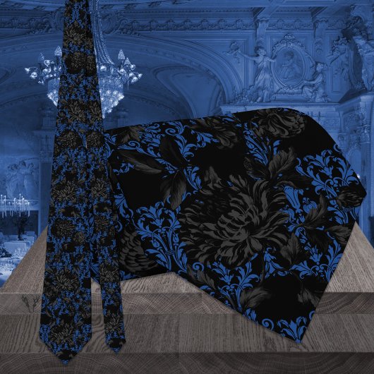 Cravate Noir & Bleu Floral Damask Mariage gothique