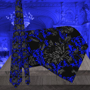 Cravate Noir & Bleu Floral Damask Mariage gothique